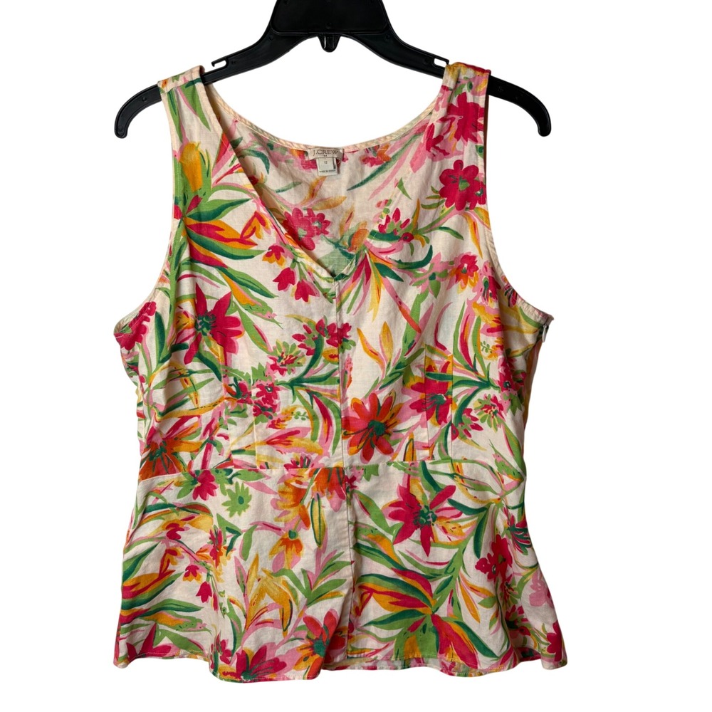 J Crew Floral Linen Cotton Peplum Top Womens 12 Tropical Resort Vacation